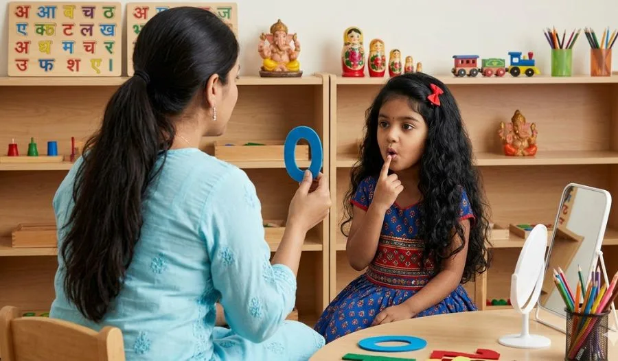 Speech therapist helping a child improve communication skills